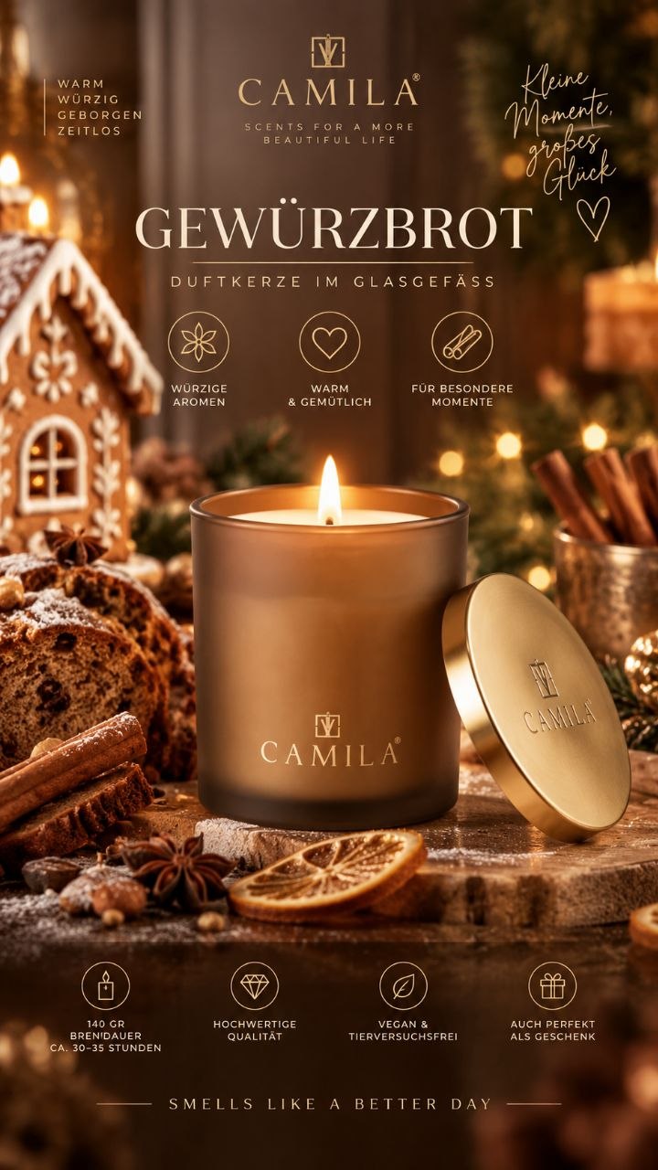Camila - Edle Duftkerze Lebkuchen Gewürzbrot für gemütliche Stunden von Sorgenta