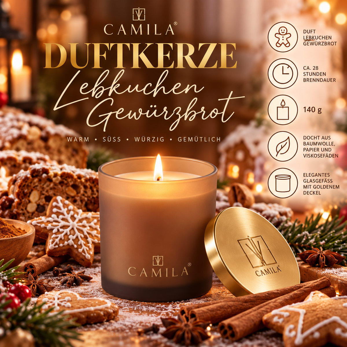 Camila - Edle Duftkerze Lebkuchen Gewürzbrot für gemütliche Stunden von Sorgenta