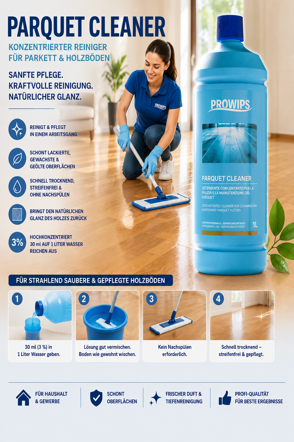 PROWIPS - Parquet Cleaner - Profi Reiniger für die Reinigung und Pflege von Parkett - 1L