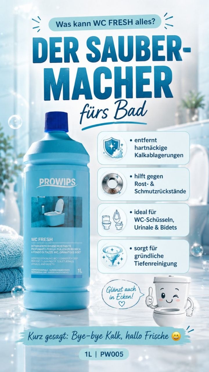PROWIPS WC Fresh – Entkalker für WC, Urinal & Bidet | Fugen-Reiniger mit Marzipan-Duft 1L