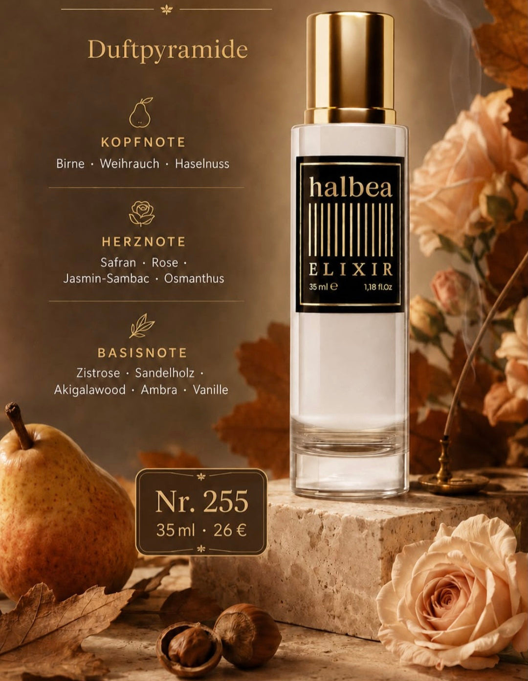 Hazel Oud-Vanilla - Halbea 255 - Luxus Unisex Elixir - Warmer Duft mit Birne Haselnuss Safran Vanille
