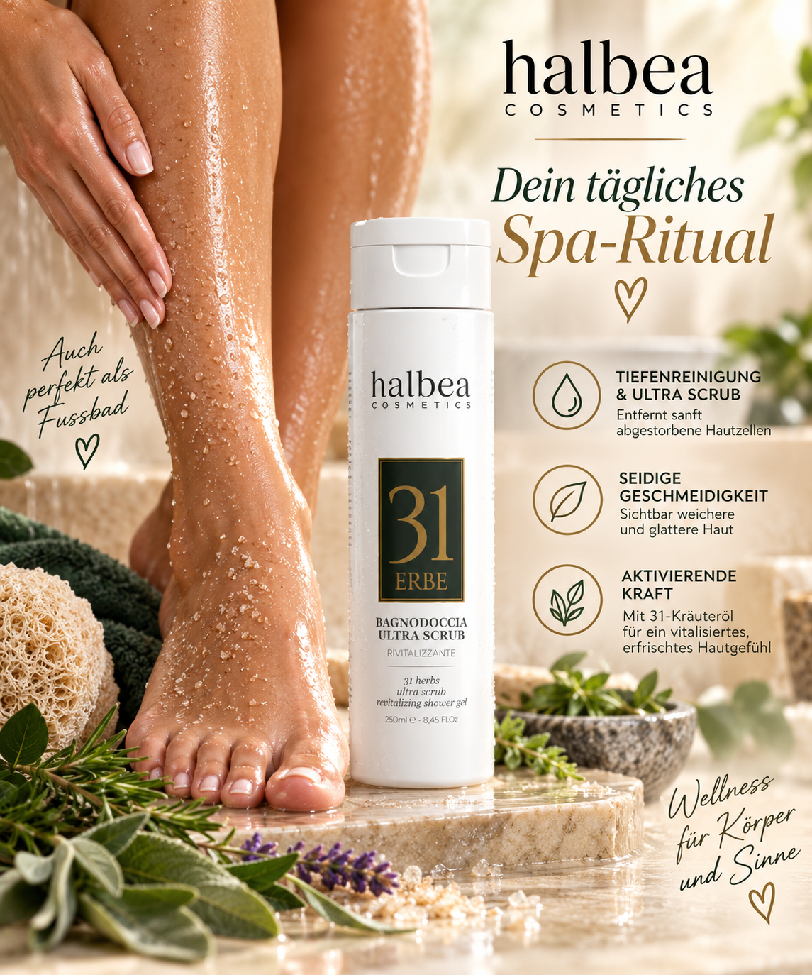 Halbea 31 Kräuteröl Ultra Scrub Wellness SPA Revitalisierendes Peeling Duschgel o. Fussbad - 250ml