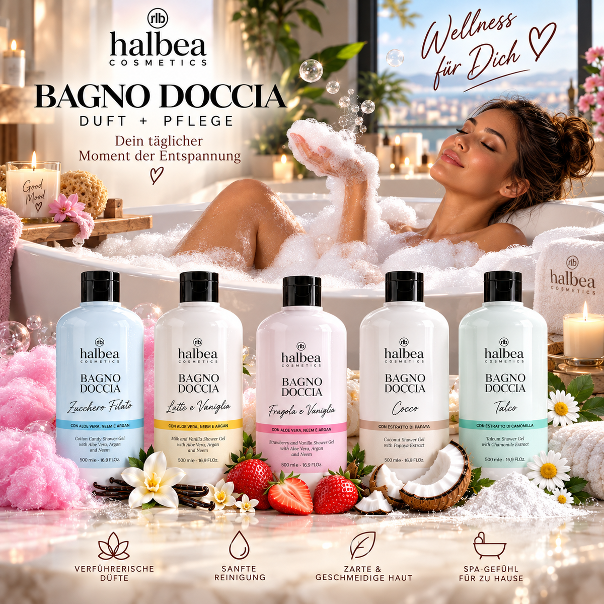 Halbea Duft + Pflege Badeschaum Duschgel - genieße die zarte Haut nach dem Baden - Arganöl Neem - 500ml Spa Erlebnis