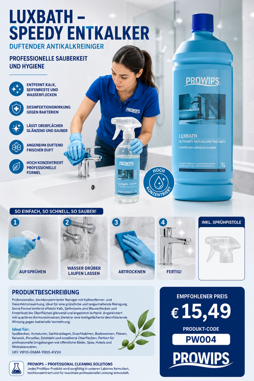 PROWIPS LUXBATH 💎 Duftender Soforteffekt Profi Entkalker Badreiniger HCCAP hochkonzentriert