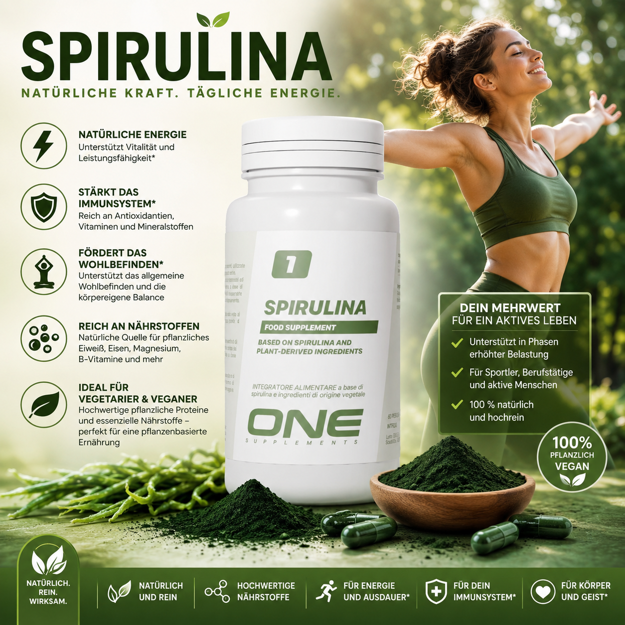 ONE Spirulina – Natürliche Kraft aus Spirulina - Premium Nahrungsergänzung mit wertvollen Mikronährstoffen