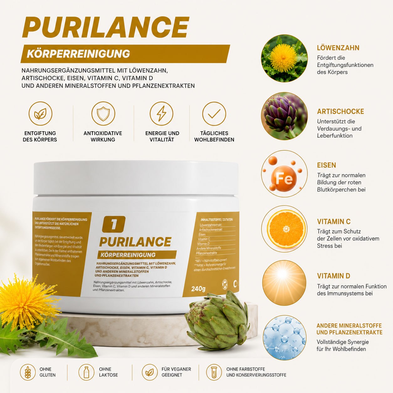 PURILANCE Detox Entgiftung Booster Artischocke, Löwenzahn, Birke + Vitamin C & D Energie