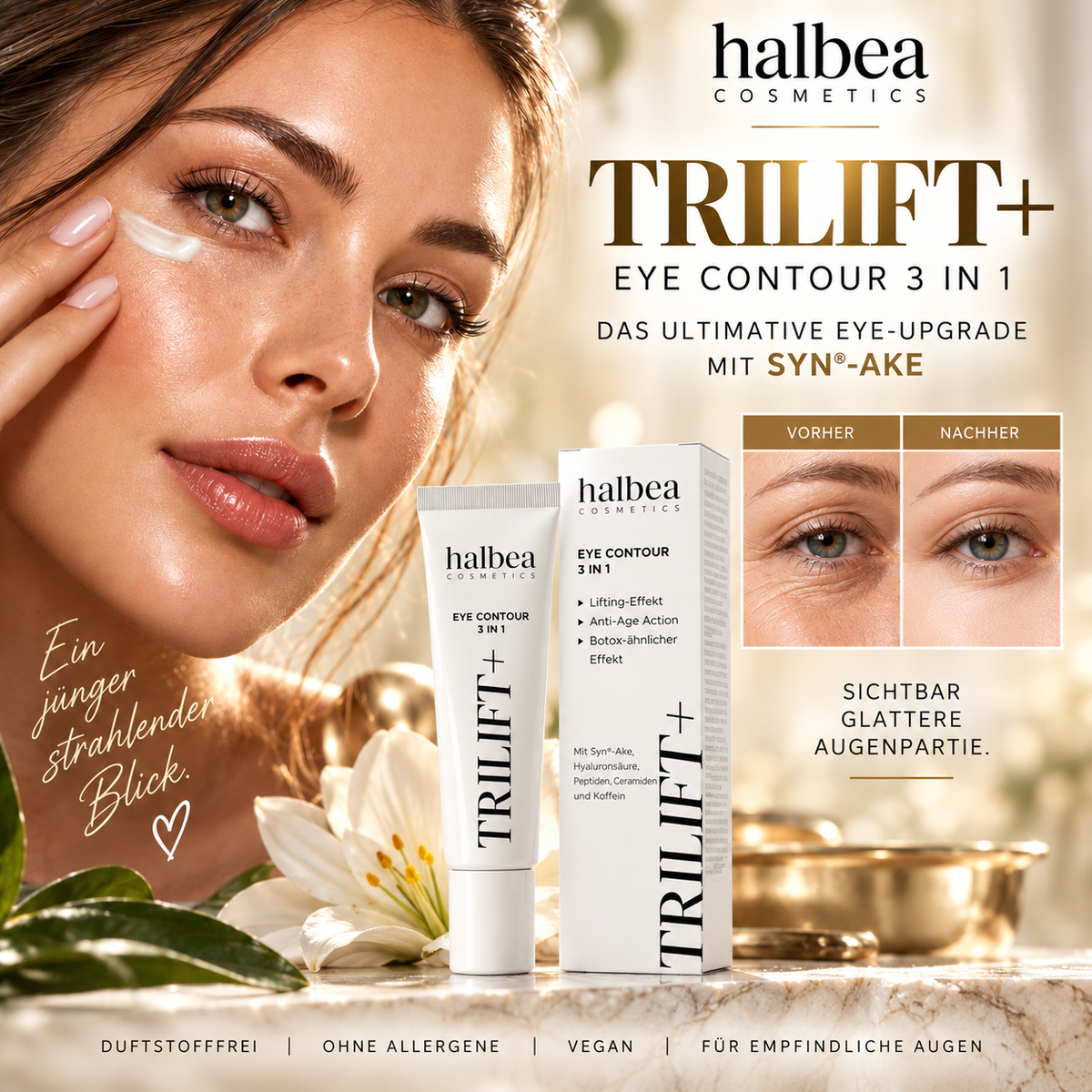 Halbea TRILIFT+ mit Syn-Ake - 3-in-1 Augenpflege AntiAge Soforteffekt ohne Botox 10ml