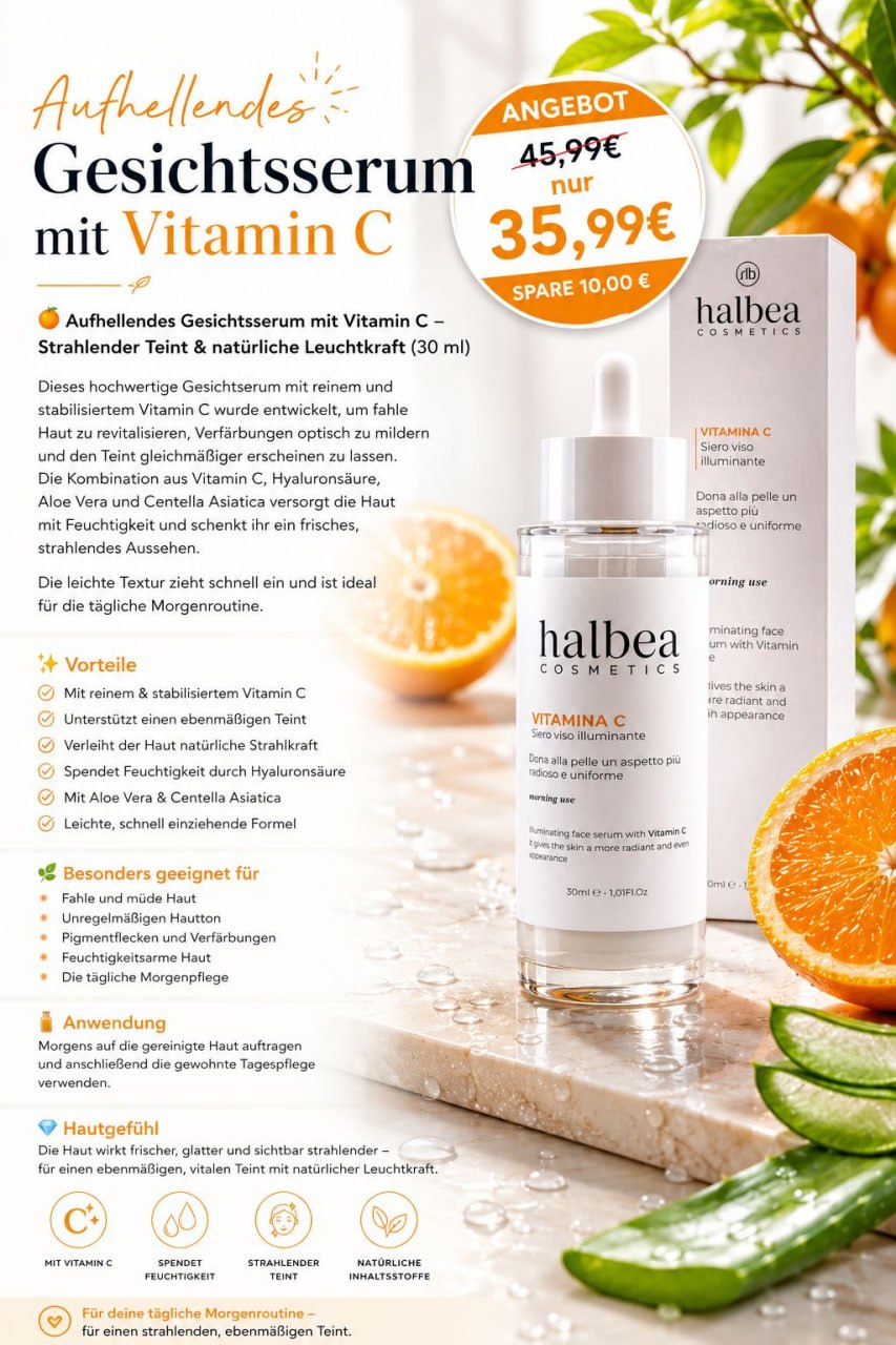 Halbea Vitamin C Aufhellendes Gesichtserum gegen Pigmentflecken - strahlenden Glow - 30ml