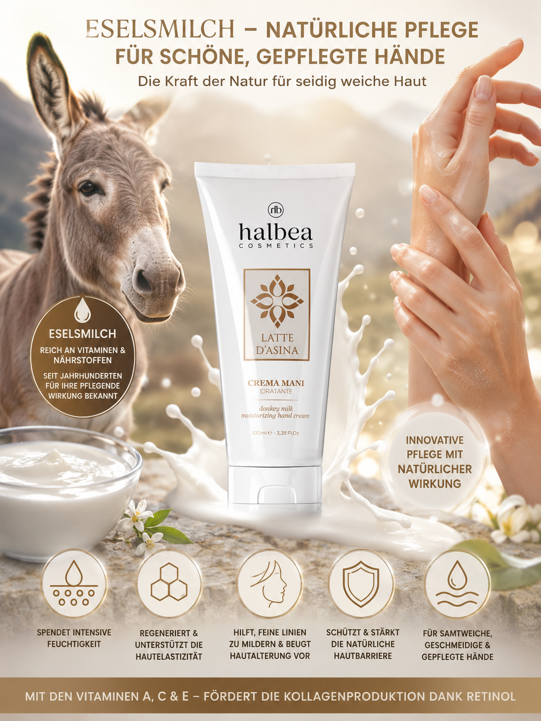 Halbea - Reichhaltige Feuchtigkeitsspendende Handcreme für samtweiche Hände mit Eselsmilch Vitaminen und Retinol - 100ml
