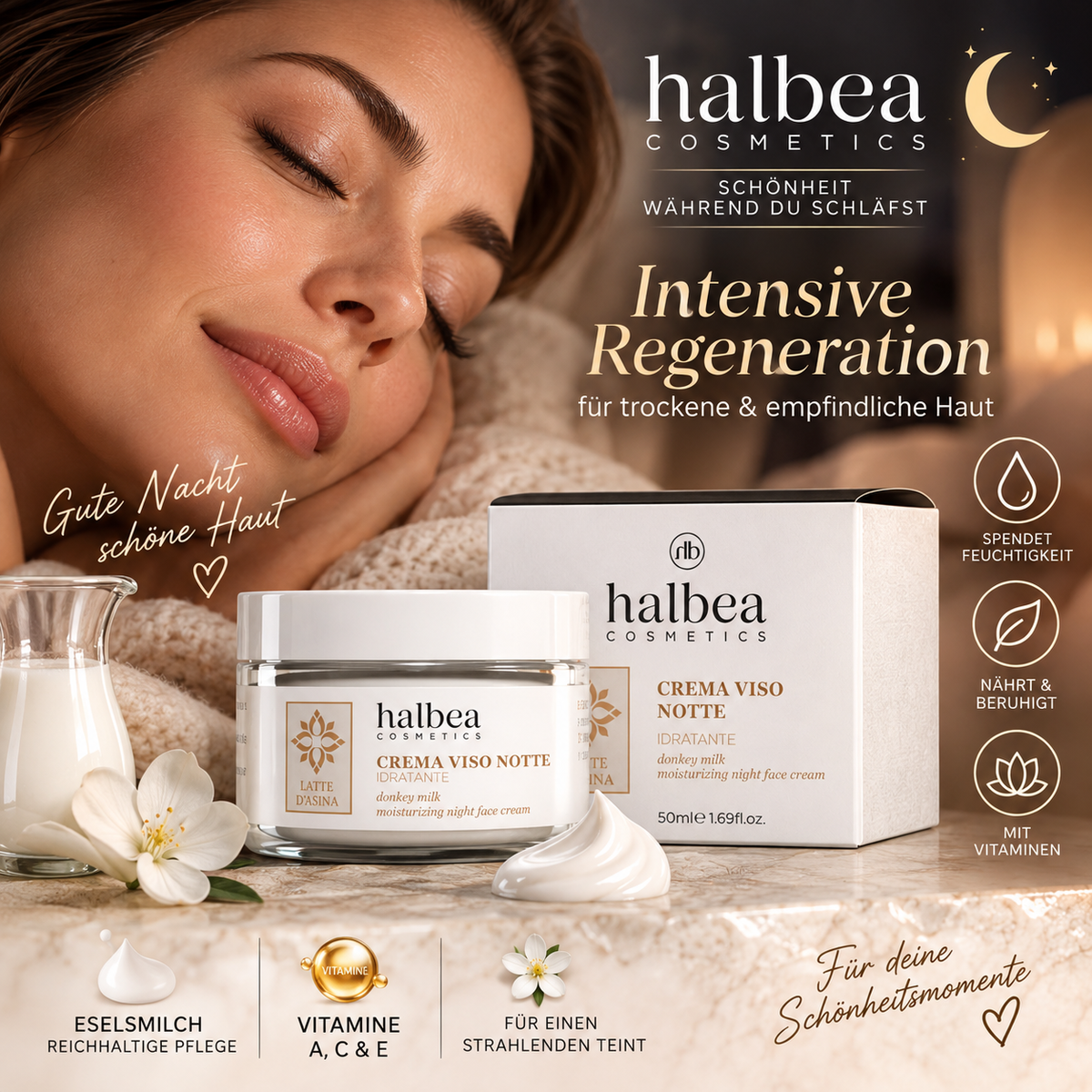 Halbea - Eselsmilch Feuchtigkeitsspendende Nachtgesichtscreme mit Vitaminen - für trockene und empfindliche Haut