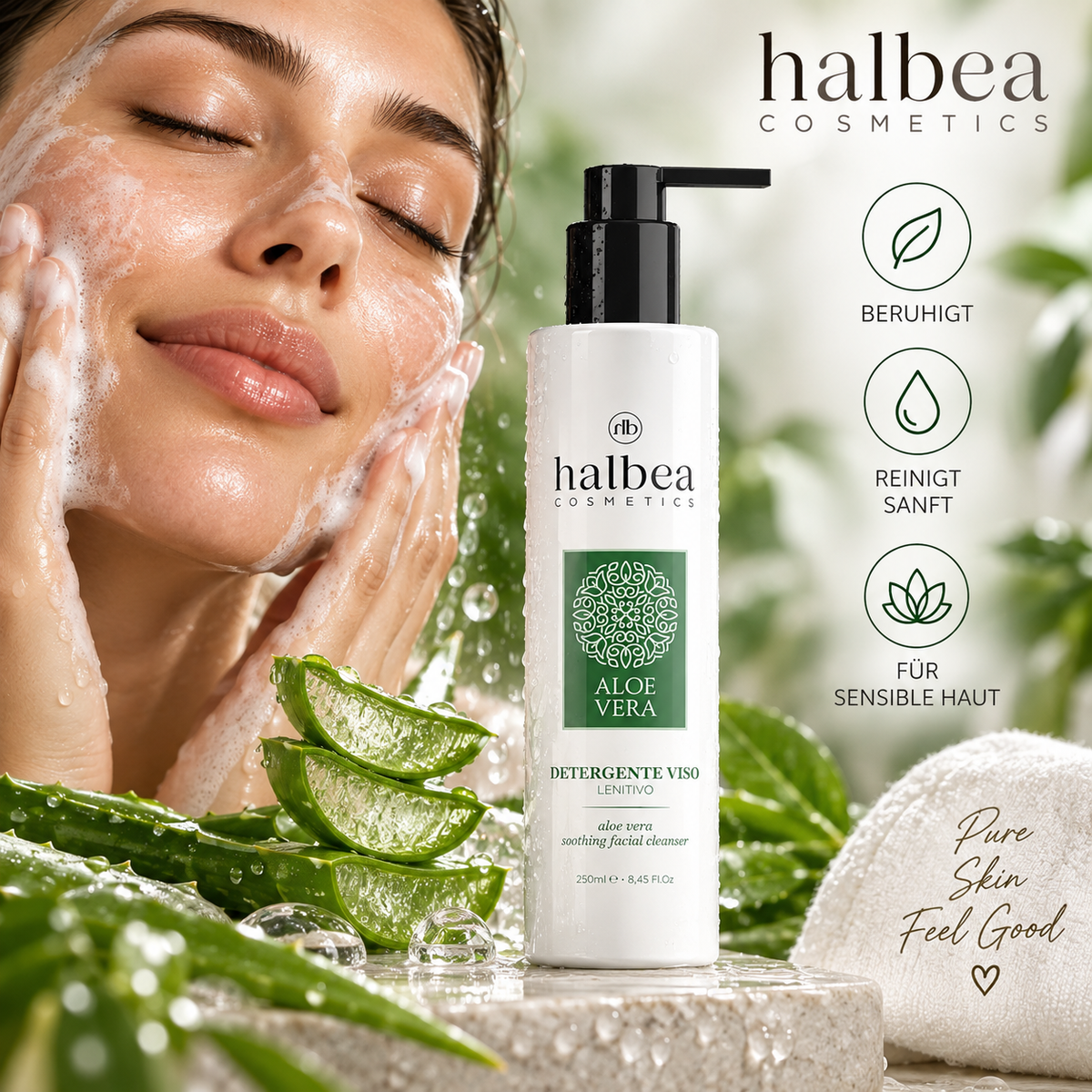 Halbea Aloe Vera Beruhigende Gesichtsreinigung gegen gestresste gerötete Haut - 250ml