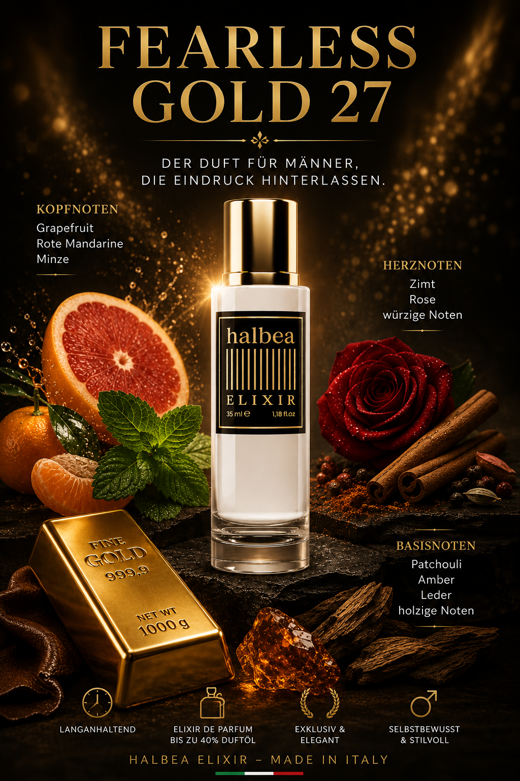 Fairless Gold - Halbea 27 - Herren Elixir Duft mit Minze Rose Amber Leder