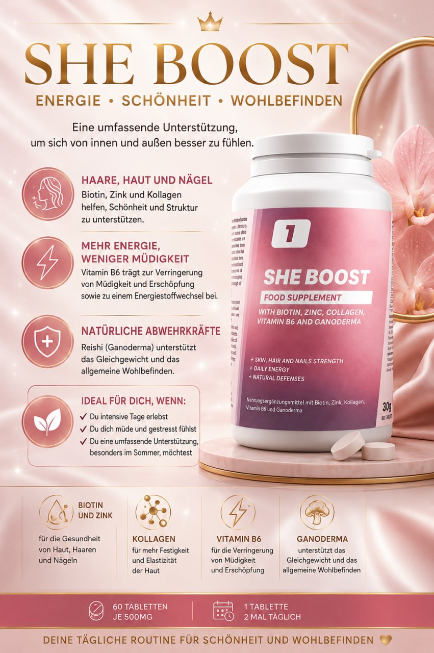 SHE BOOST - Premium Beauty- & Energie-Supplement mit Collagen B6 Zink