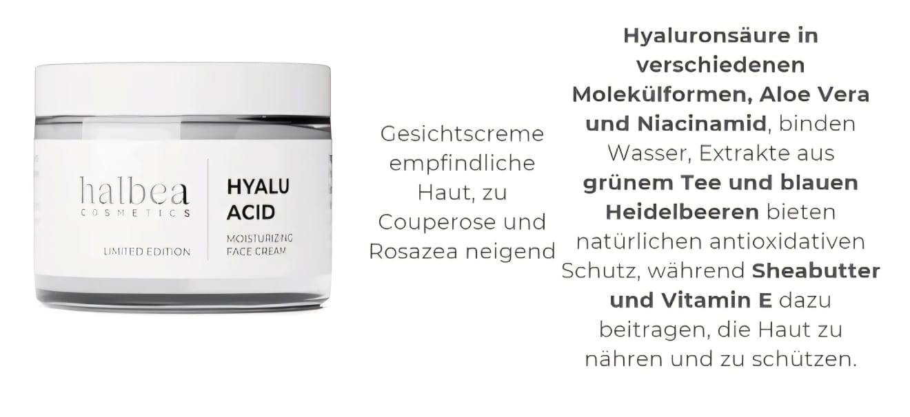 Hyalu Acid Halbea - Gesichtscreme für empfindliche Haut - Rosazea Couperose - 50ml