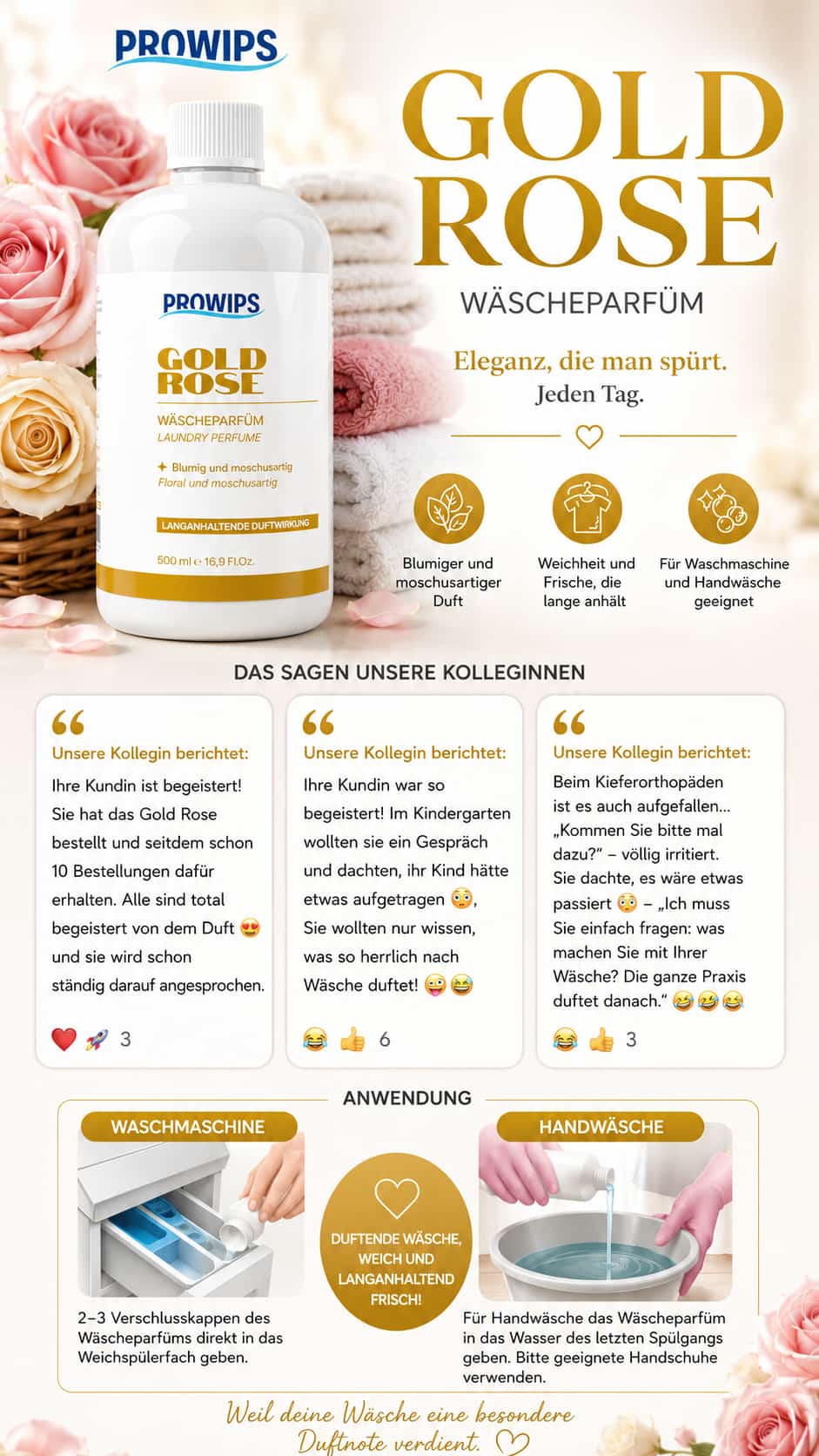 PROWIPS Wäscheduft 💎 Parfüm für Waschmaschinen -  Frische + Pflege für Textilien 500ml  hochkonzentriert / vegan
